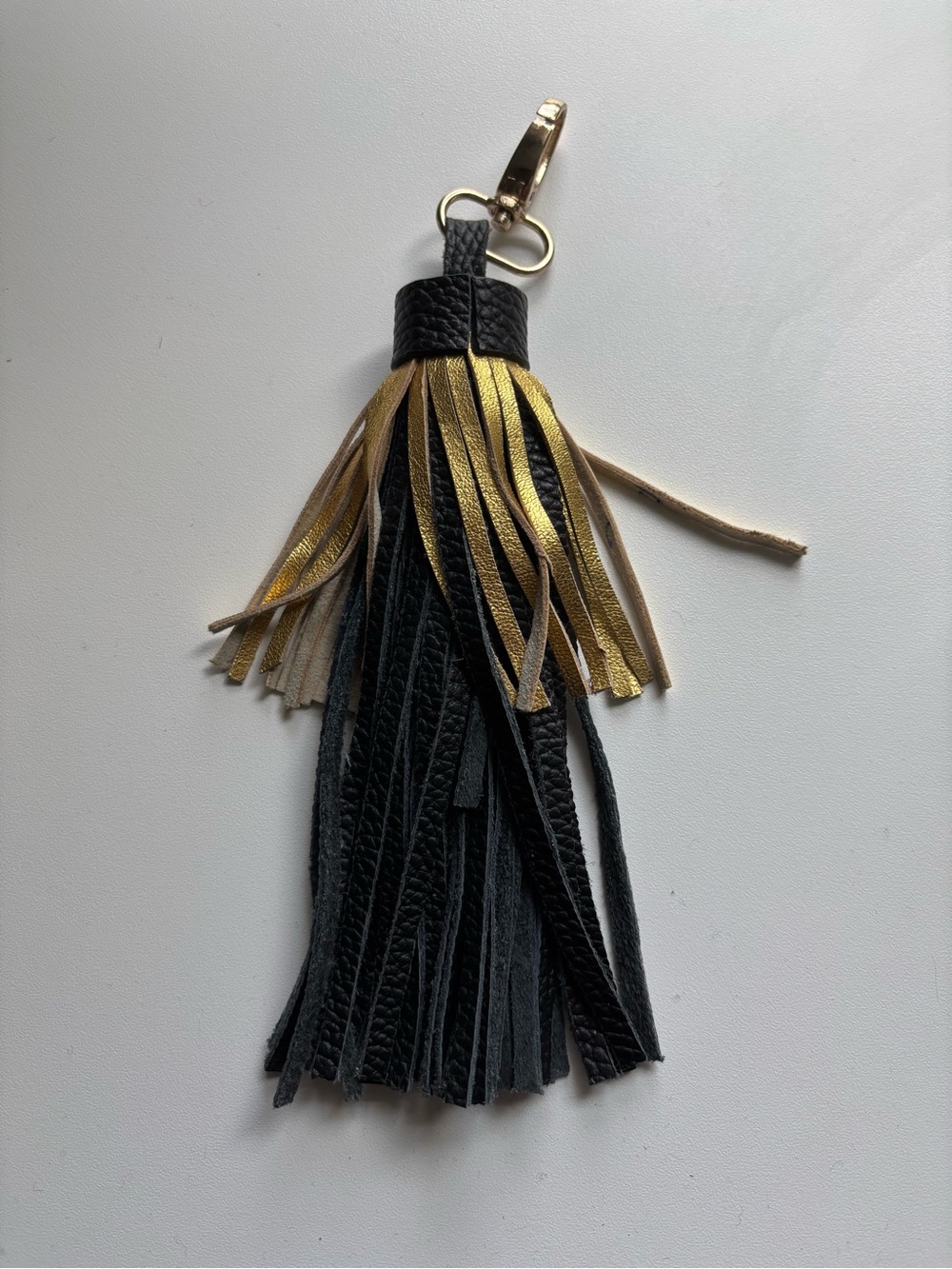 Black & Gold Leather Tassel Keyring with Gold Hardware - Picture 3 of 9
